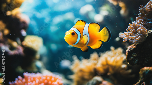 Vibrant Clownfish Swimming in Coral Reef Aquarium