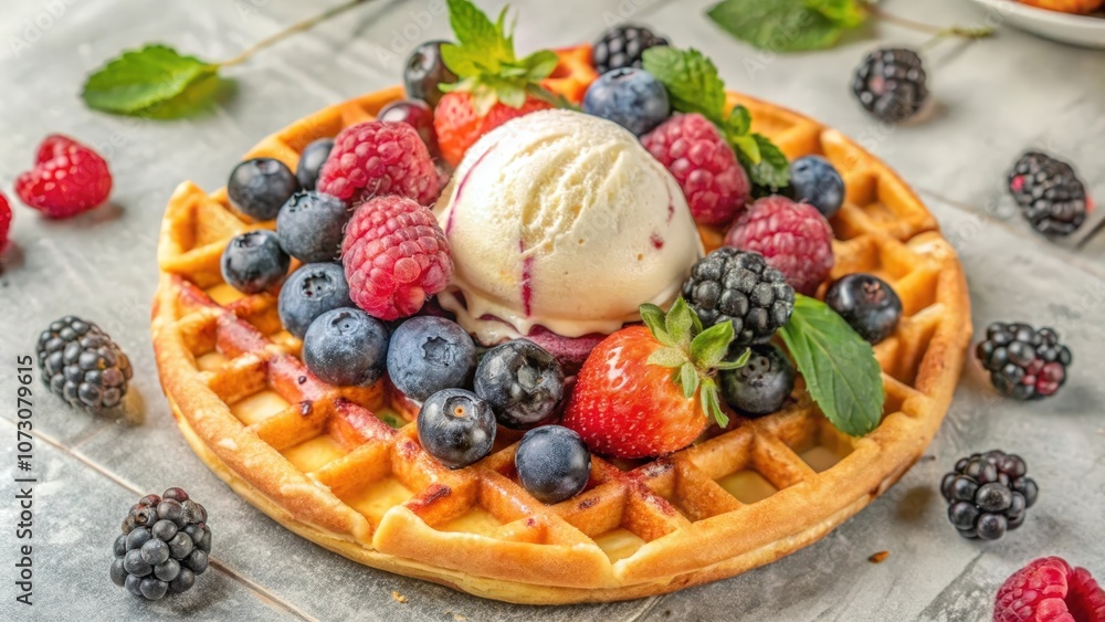 A waffle with a scoop of ice cream, adorned with fresh berries and a sprig of mint, ready to tantalize the taste buds A waffle with a scoop of ice cream, adorned with fresh berries and a sprig of mint, ready to tantalize the taste buds
