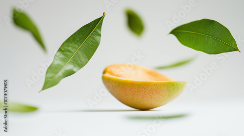 Levitating Fresh Mango and Green Leaves on White Background