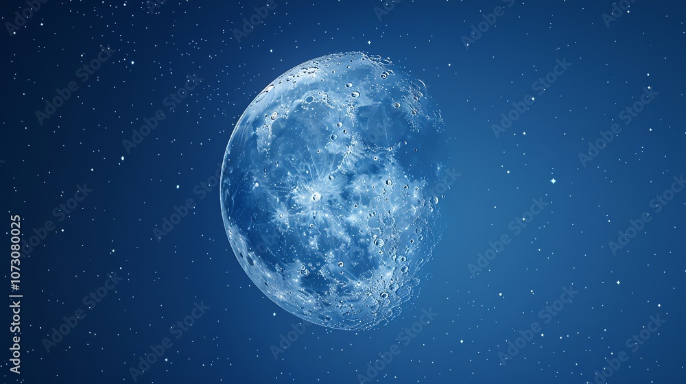 The moon with water droplets on it against a dark blue starry sky. The moon with water droplets on it against a dark blue starry sky.
