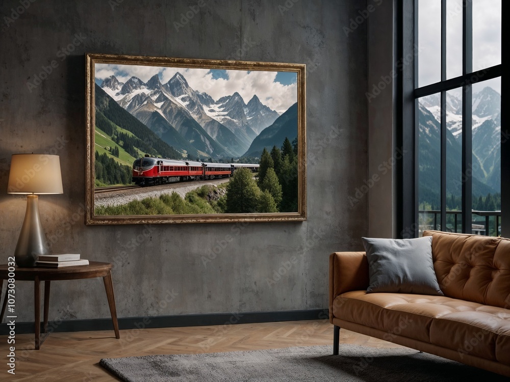 A wall art poster of a train traveling through the mountains hangs on a wall in a modern living room A wall art poster of a train traveling through the mountains hangs on a wall in a modern living room