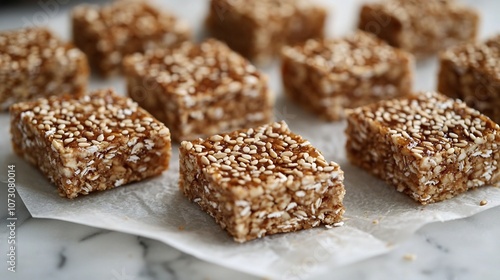 Delectable Sesame and Oat Energy Bars on Parchment for Health-Focused Concepts