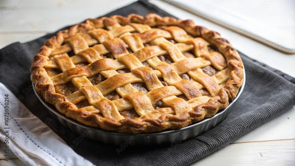 A freshly baked apple pie with a golden crust, sitting on a black and white fabric, ready to be sliced and enjoyed.