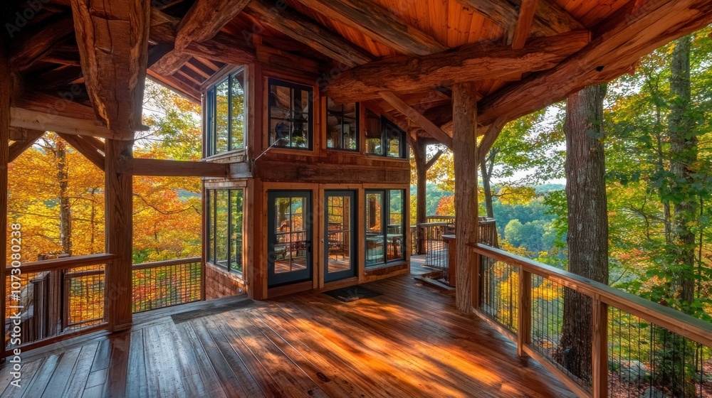 Obraz premium A wooden cabin with a large deck overlooking a forest with autumn leaves.