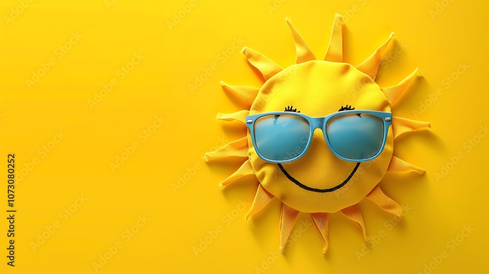 A yellow sun with a smiley face and blue sunglasses on a yellow background. A yellow sun with a smiley face and blue sunglasses on a yellow background.