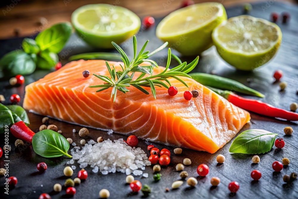 Fresh Raw Salmon Steak with Basil, Rosemary, Lime Slices, and Spices Ready for Cooking, Highlighting Flavorful Ingredients and Vibrant Colors on a Wooden Board Fresh Raw Salmon Steak with Basil, Rosemary, Lime Slices, and Spices Ready for Cooking, Highlighting Flavorful Ingredients and Vibrant Colors on a Wooden Board