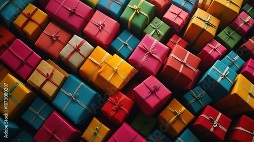 Close-up of Vibrant Colorful Gift Boxes with Festive Ribbons