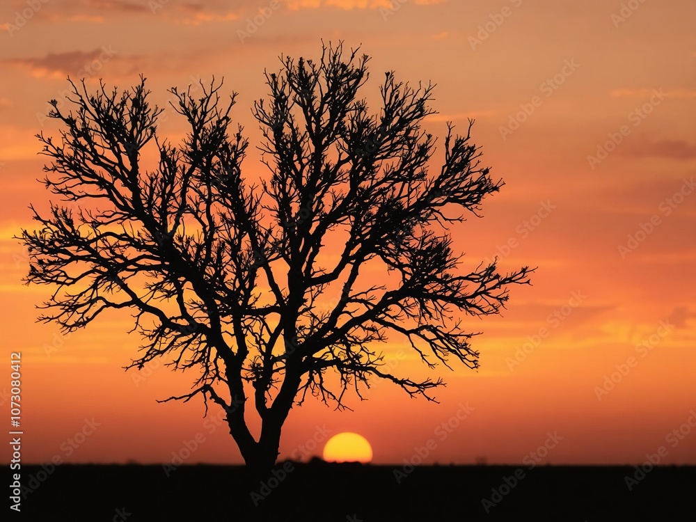 Silhouetted acacia tree against a vibrant sunrise sky, majestic, morning Silhouetted acacia tree against a vibrant sunrise sky, majestic, morning