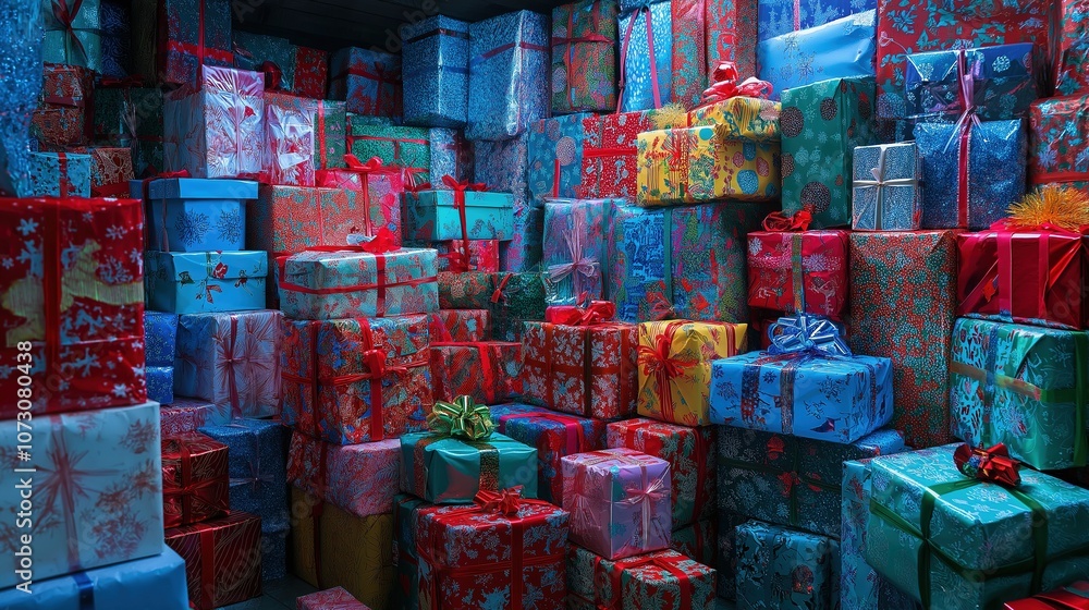 Fototapeta premium Bright Stack of Colorful Wrapped Gift Boxes with Various Patterns