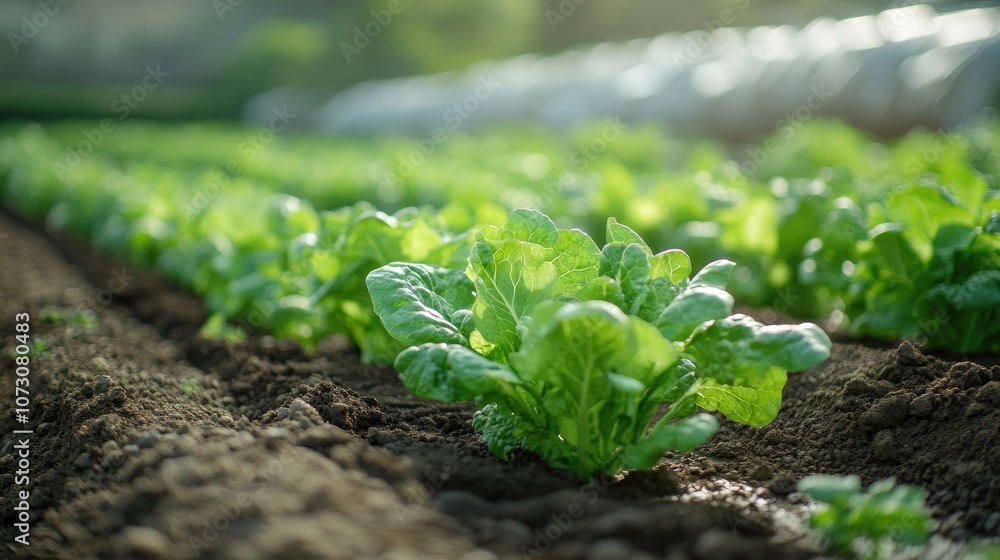 A field of vibrant green lettuce plants in neat rows, growing in rich brown soil. The sun casts a warm glow on the foliage. A field of vibrant green lettuce plants in neat rows, growing in rich brown soil. The sun casts a warm glow on the foliage.