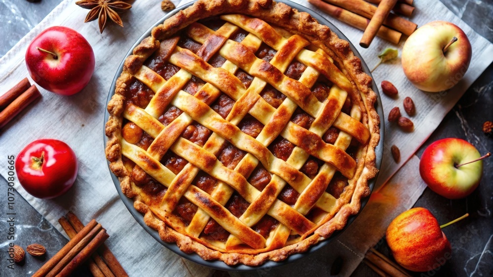 A freshly baked apple pie with a golden brown crust, surrounded by cinnamon sticks, whole apples, and almonds, ready to be devoured. A freshly baked apple pie with a golden brown crust, surrounded by cinnamon sticks, whole apples, and almonds, ready to be devoured.
