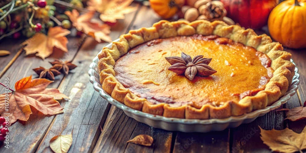 A warm, golden pumpkin pie sits on a rustic wooden table, adorned with autumn leaves and a star anise for a touch of holiday charm. A warm, golden pumpkin pie sits on a rustic wooden table, adorned with autumn leaves and a star anise for a touch of holiday charm.