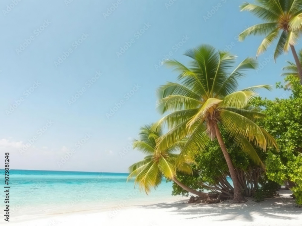 Sunny tropical beach with clear turquoise waters, white sand, and palm trees, paradise, coastline Sunny tropical beach with clear turquoise waters, white sand, and palm trees, paradise, coastline