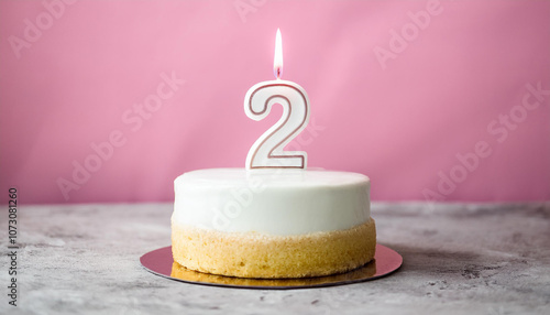 Small birthday cake with burning candle, number two. 2 years old. Second anniversary. Tasty dessert photo