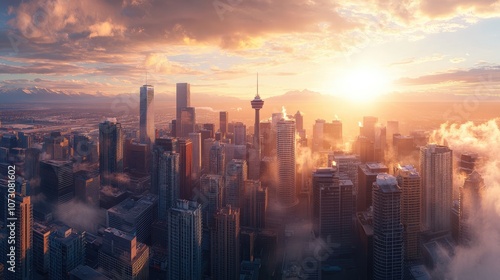 A stunning sunrise over a vibrant city skyline, showcasing modern skyscrapers amidst soft clouds and golden light.