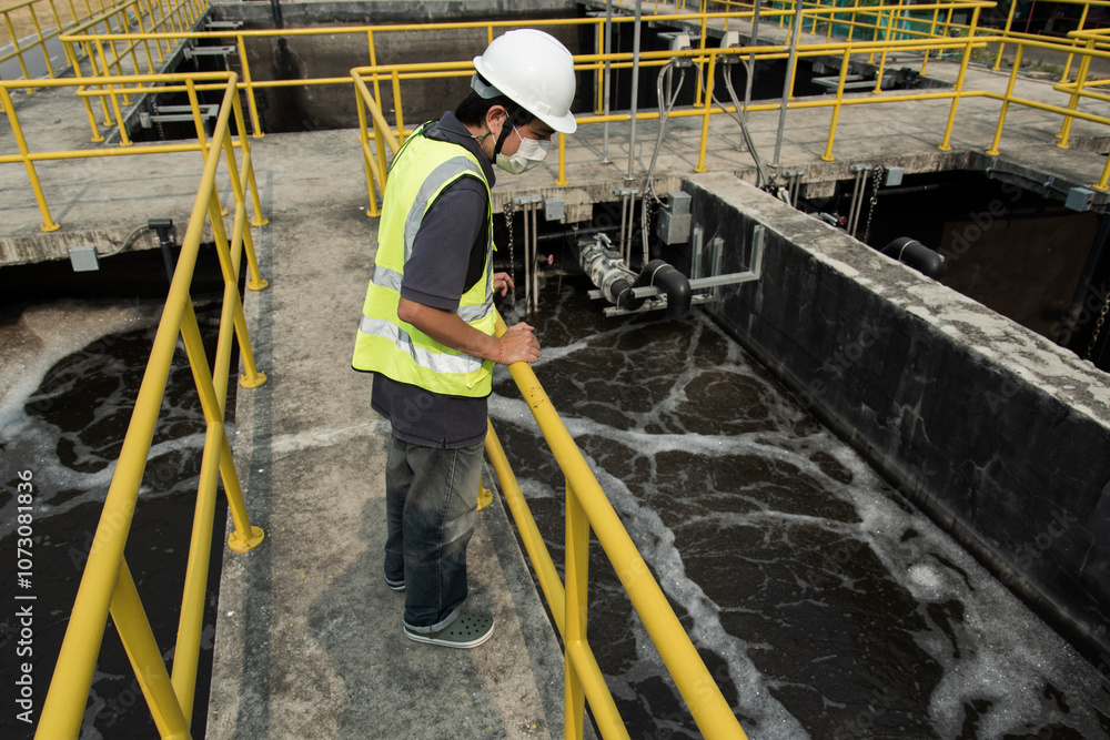 Wastewater treatment concept. Service engineer on waste water Treatment plant and checking oxygen in water with tablet. Wastewater treatment concept. Service engineer on waste water Treatment plant. Wastewater treatment concept. Service engineer on waste water Treatment plant and checking oxygen in water with tablet. Wastewater treatment concept. Service engineer on waste water Treatment plant.