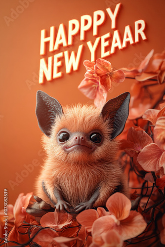 New Year Cards: 2025-themed Cute Neon Background Baby Bat Illustrations photo