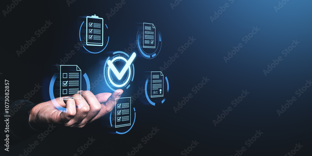 Digital checklist icons and hand interaction on dark backdrop. Digital checklist icons and hand interaction on dark backdrop.