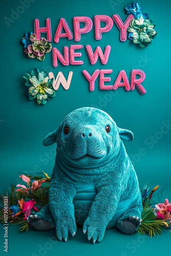 New Year Cards: 2025-themed Cute Neon Background Baby Manatee Illustrations photo