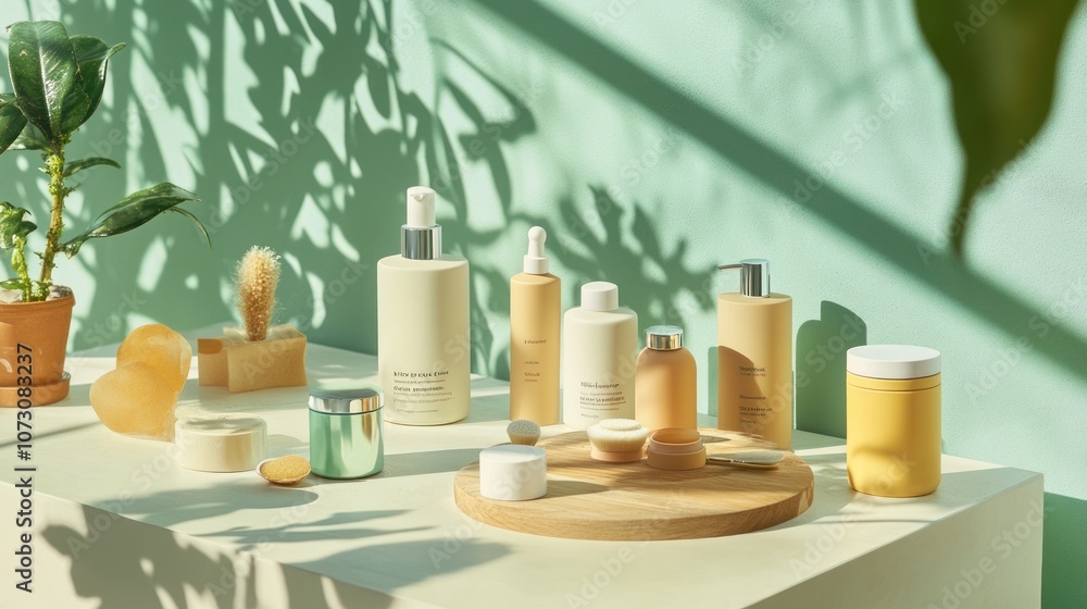 A set of skincare products on a wooden board with natural elements in the background. A set of skincare products on a wooden board with natural elements in the background.