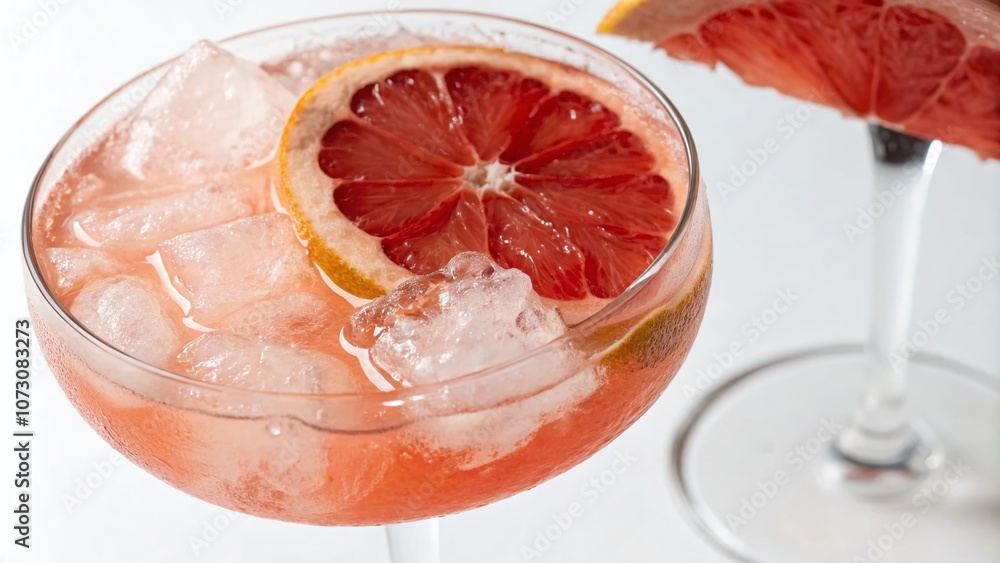 Fototapeta premium Hand Drawn Watercolor Cocktail with Grapefruit Slice and Ice Cubes in Elegant Glass on White Background - Refreshing Summer Drink Art