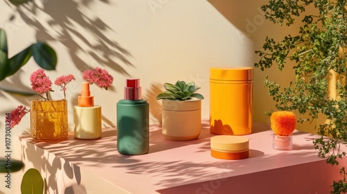 A close up of a variety of colorful, minimalist beauty products with a plant and pink cube in front of a yellow and white background.