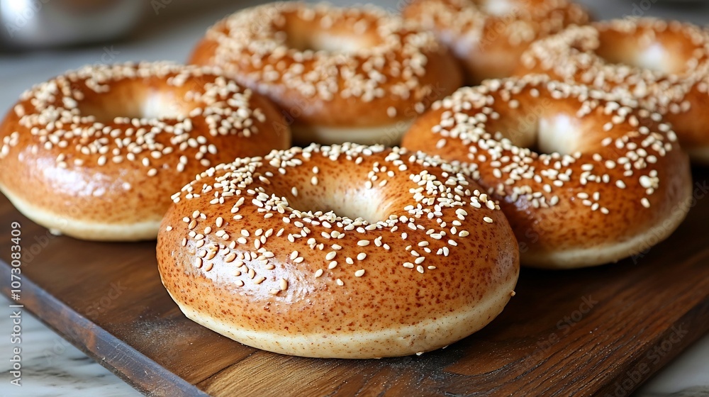 Freshly Baked Golden Sesame Bagels on a Wooden Board, Appetizing and Hearty Breakfast or Snack Freshly Baked Golden Sesame Bagels on a Wooden Board, Appetizing and Hearty Breakfast or Snack