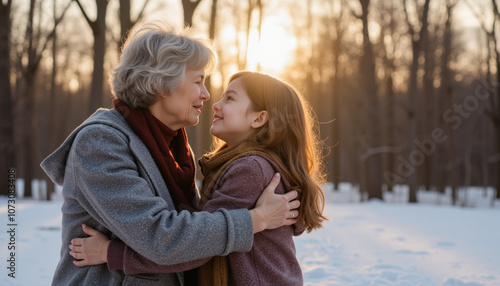 Grandmother and granddaughter sharing a joyful moment in a snowy forest at sunset