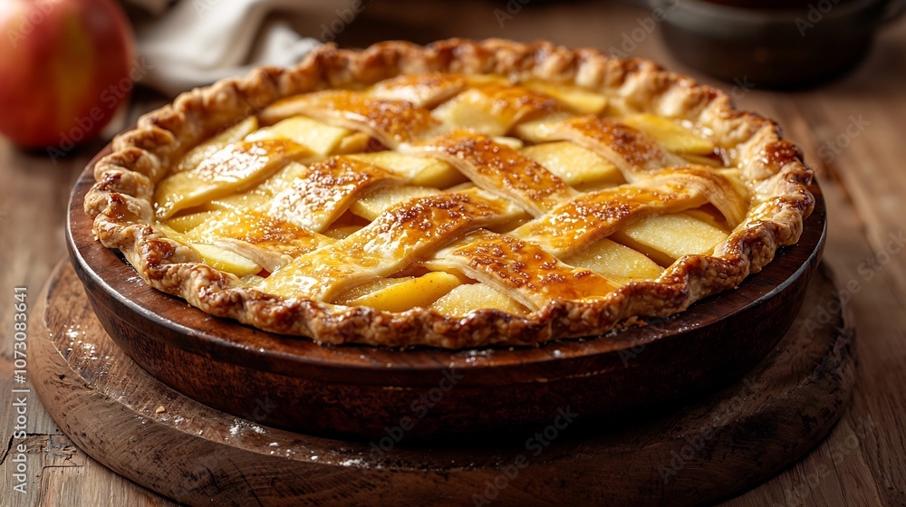 Freshly Baked Homemade Apple Pie with Golden Flaky Crust and Rustic Texture on Wooden Background Freshly Baked Homemade Apple Pie with Golden Flaky Crust and Rustic Texture on Wooden Background