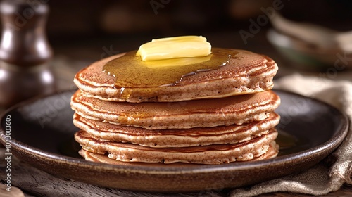 Wallpaper Mural Stacked Whole Wheat Pancakes with Melting Butter Topping on Wooden Plate Torontodigital.ca