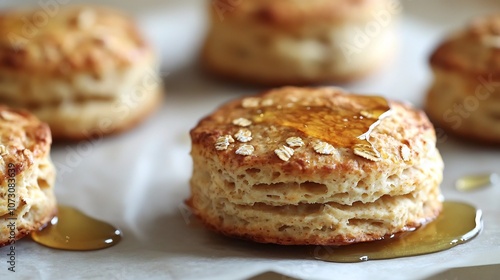 Whole Grain Biscuits with Honey Drizzle on Parchment Paper in Rustic Setting