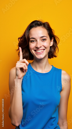 Confident Young Woman Pointing Upward: Vibrant Portrait for Motivational Campaigns or Personal Branding