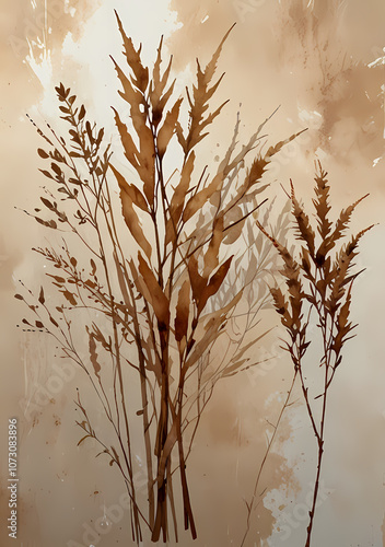 Natural botanical art featuring delicate silhouettes of plants against a textured beige background