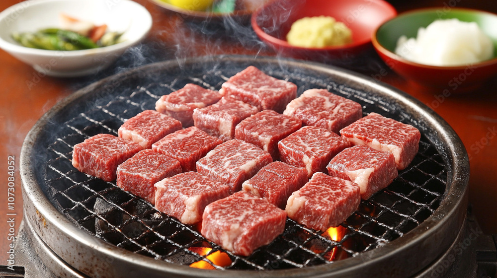 Cubes of marbled beef grilling on a traditional Japanese barbecue, with sides visible in the background, capturing the essence of yakiniku dining Cubes of marbled beef grilling on a traditional Japanese barbecue, with sides visible in the background, capturing the essence of yakiniku dining