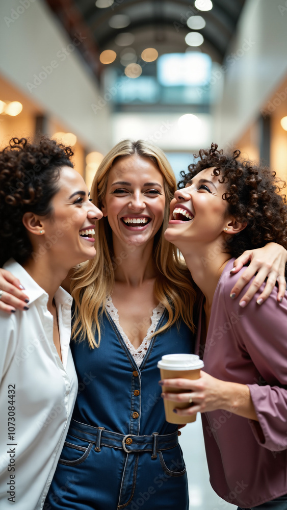 Three Women Sharing Joyful Moment in Bright Indoor Space: Perfect for Friendship, Lifestyle, or Retail Advertising Three Women Sharing Joyful Moment in Bright Indoor Space: Perfect for Friendship, Lifestyle, or Retail Advertising