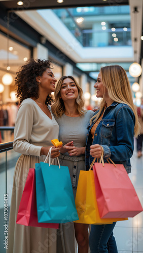 Three Women Enjoying Shopping Spree in Modern Mall: Perfect for Retail Advertising or Lifestyle Blogs