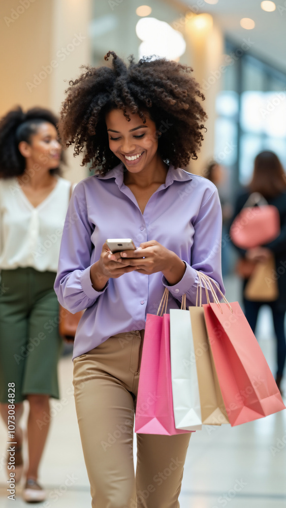 Joyful Woman with Curly Hair Shopping in Mall: Perfect for Retail Advertising and E-commerce Campaigns Joyful Woman with Curly Hair Shopping in Mall: Perfect for Retail Advertising and E-commerce Campaigns