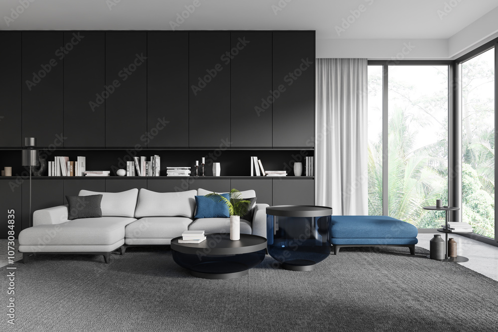 Elegant living room with gray sofa, blue ottoman, black cabinets, large windows, and minimalist decor. Modern home design. 3D Rendering Elegant living room with gray sofa, blue ottoman, black cabinets, large windows, and minimalist decor. Modern home design. 3D Rendering