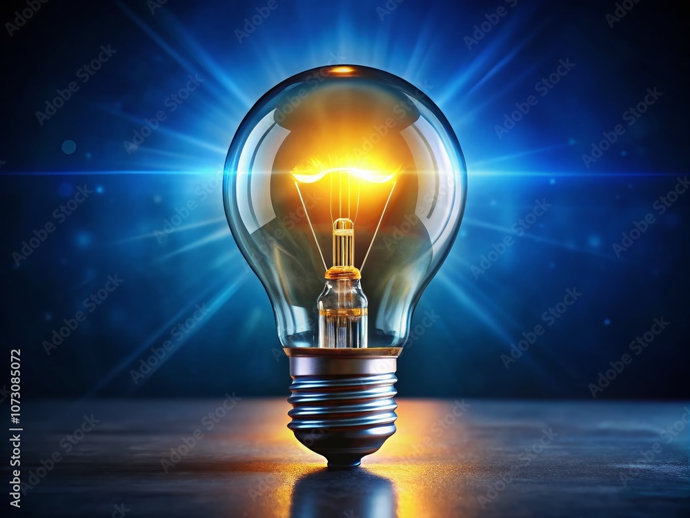 Illuminated Light Bulb Against a Moody Blue Background Symbolizing Innovation, Inspiration, and Energy for Intellectual Property Themes in Product Photography Illuminated Light Bulb Against a Moody Blue Background Symbolizing Innovation, Inspiration, and Energy for Intellectual Property Themes in Product Photography