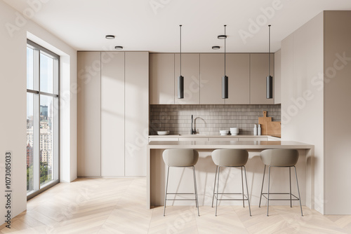 Beige home kitchen interior with bar counter, cooking cabinet near window