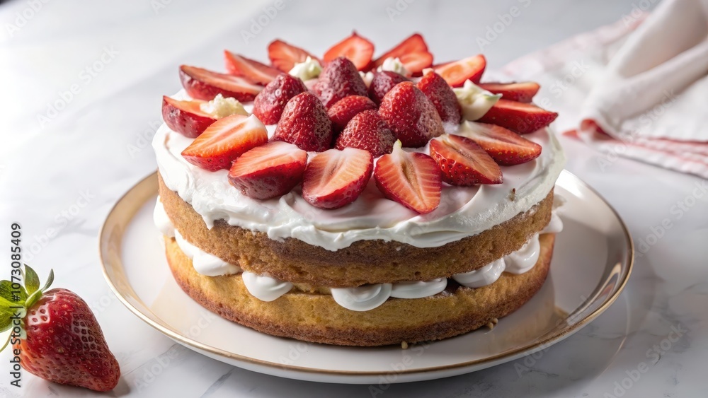 A two-layered sponge cake, delicately frosted with whipped cream and adorned with fresh strawberry slices, creating a visually appealing and delightful dessert. A two-layered sponge cake, delicately frosted with whipped cream and adorned with fresh strawberry slices, creating a visually appealing and delightful dessert.