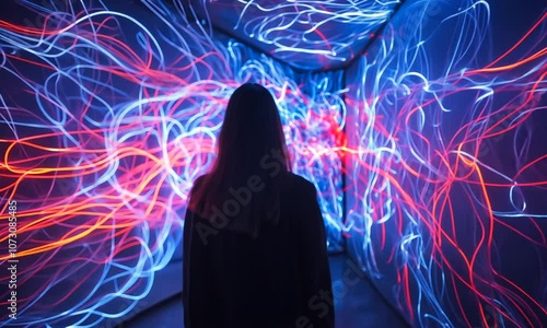 Woman Observing an Immersive Light Installation