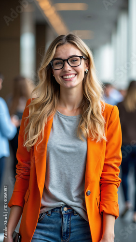 Confident Young Professional Woman in Orange Blazer: Perfect for Business, Technology, and Lifestyle Marketing