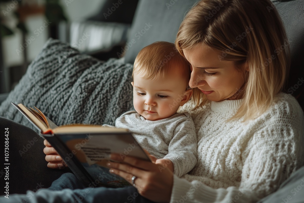 Candid moment mother engaging with toddler son through reading at home for early education Candid moment mother engaging with toddler son through reading at home for early education