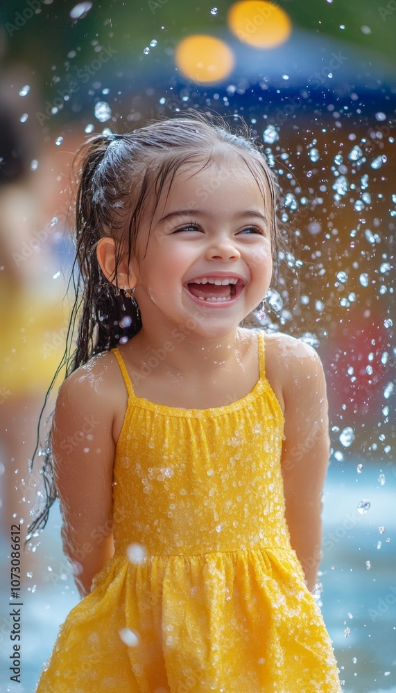 Fototapeta premium Joyful child in yellow dress splashes water at amusement park with family during summer fun