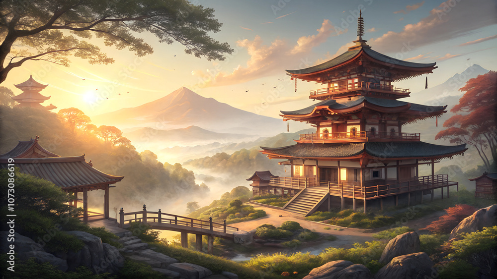 Obraz premium Beautiful Japanese landscape at sunrise.
