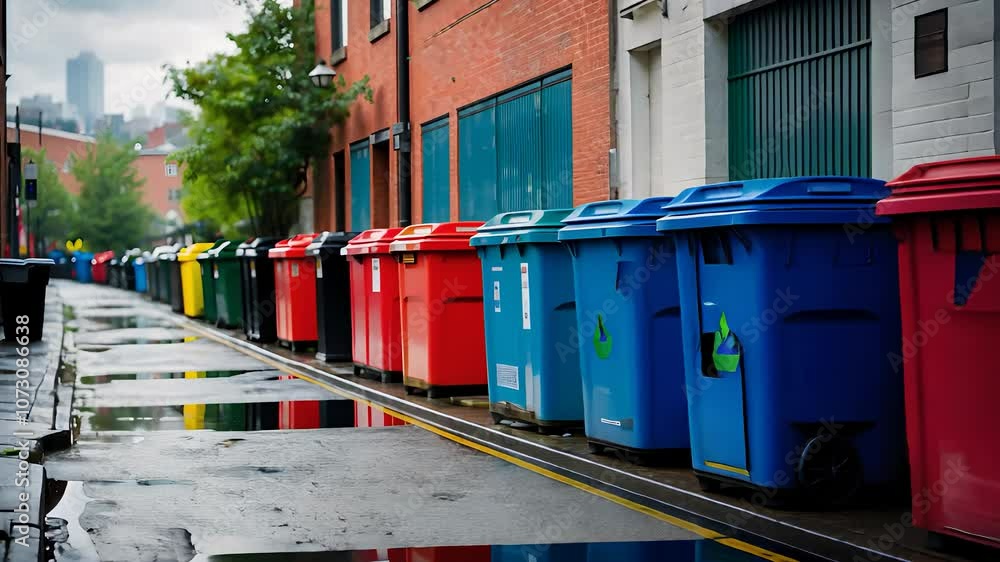 Colorful Recycling Bins Lined Up on Urban Street
Colorful Recycling Bins Lined Up on Urban Street