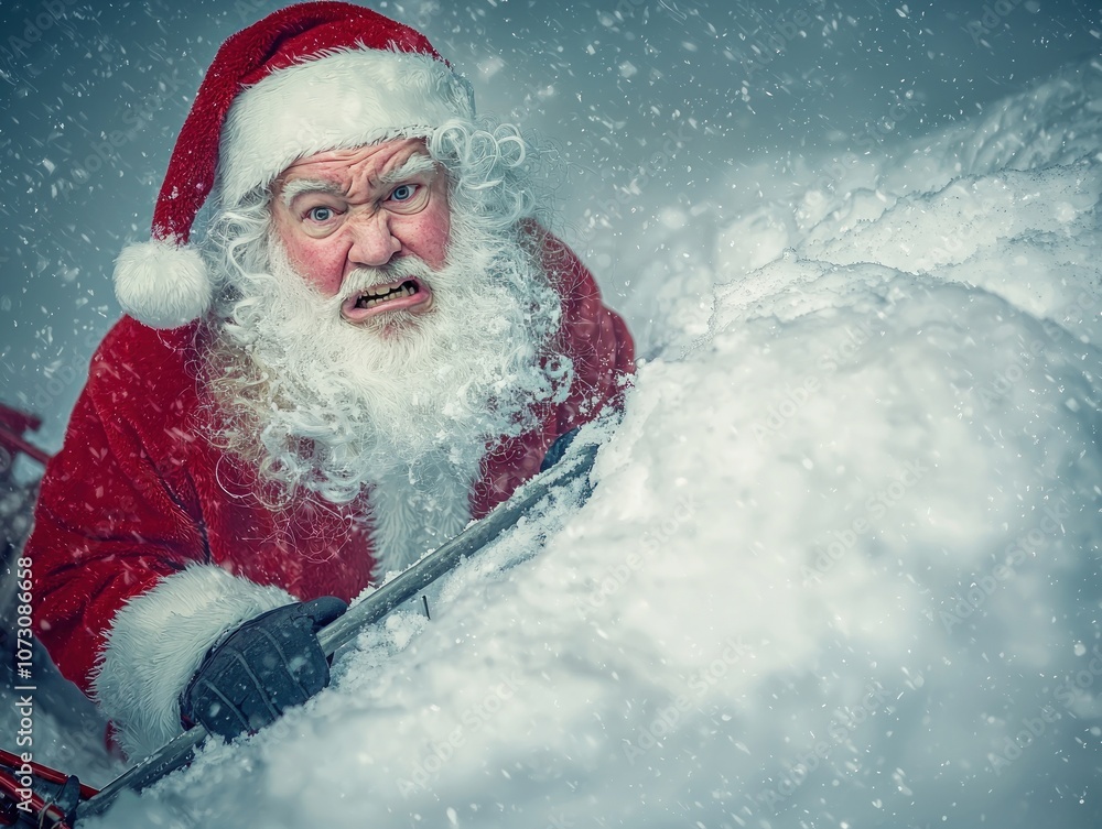 A snowy scene featuring Santa Claus, dressed in a red suit, working hard with a determined expression, surrounded by falling snowflakes. A snowy scene featuring Santa Claus, dressed in a red suit, working hard with a determined expression, surrounded by falling snowflakes.