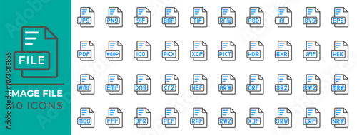 Set of document format icons for various file types, extension, archive, attach and folders.