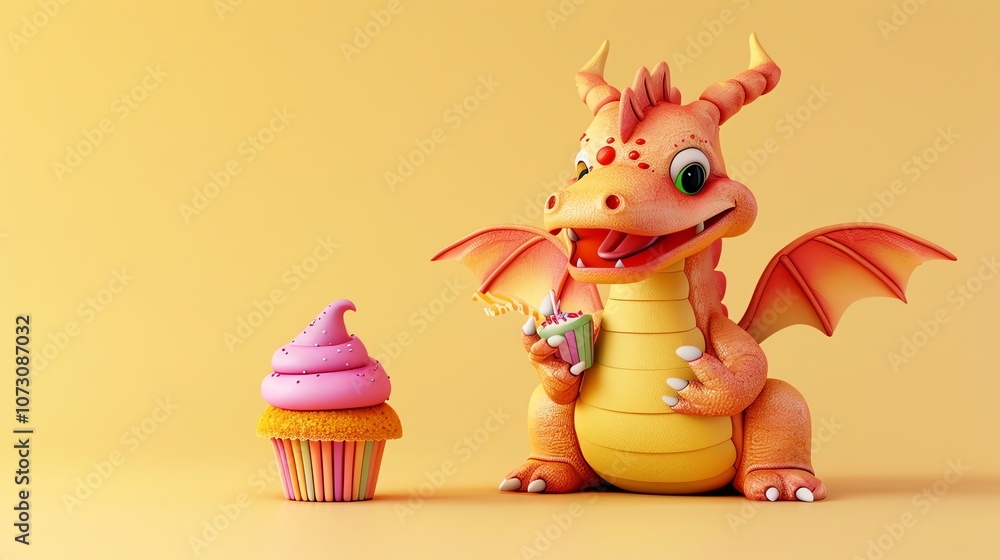 Fototapeta premium A cute cartoon dragon with a cupcake and a candle.
